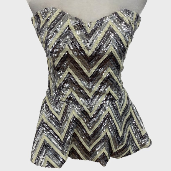 Julie Brown Silver Cream Sequin Strapless Peplum Waist Top Size 2 - Picture 1 of 6